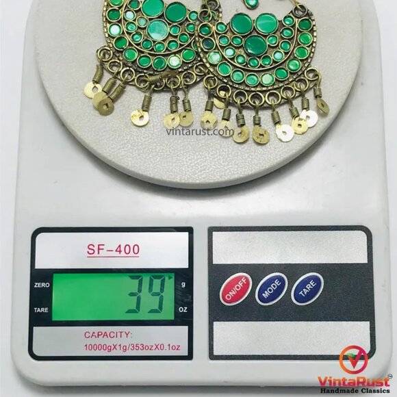 Green Glass Stone Kuchi Earrings: Tribal Tassel Dangle Jewelry - Picture 6 of 6